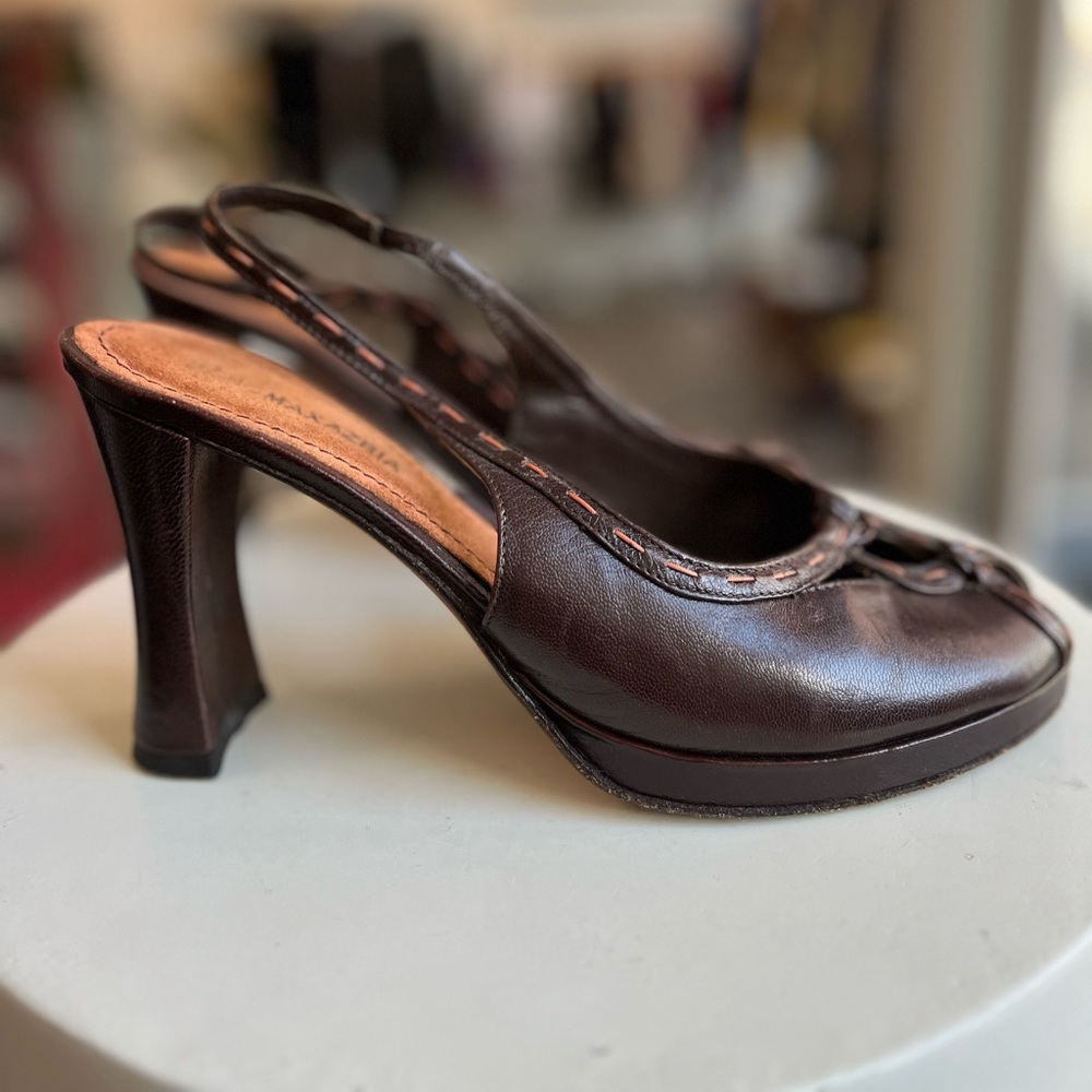 BCBG Max Azria Peep-toe, sling-back heels in deep brown leather